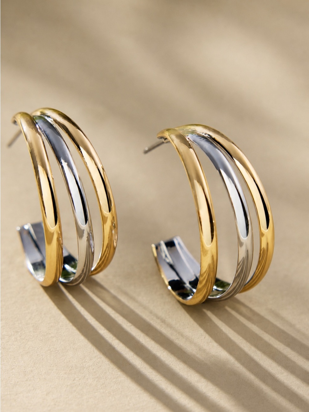 Anthropologie Two-Tone Gold and Silver Triple Hoop Earrings